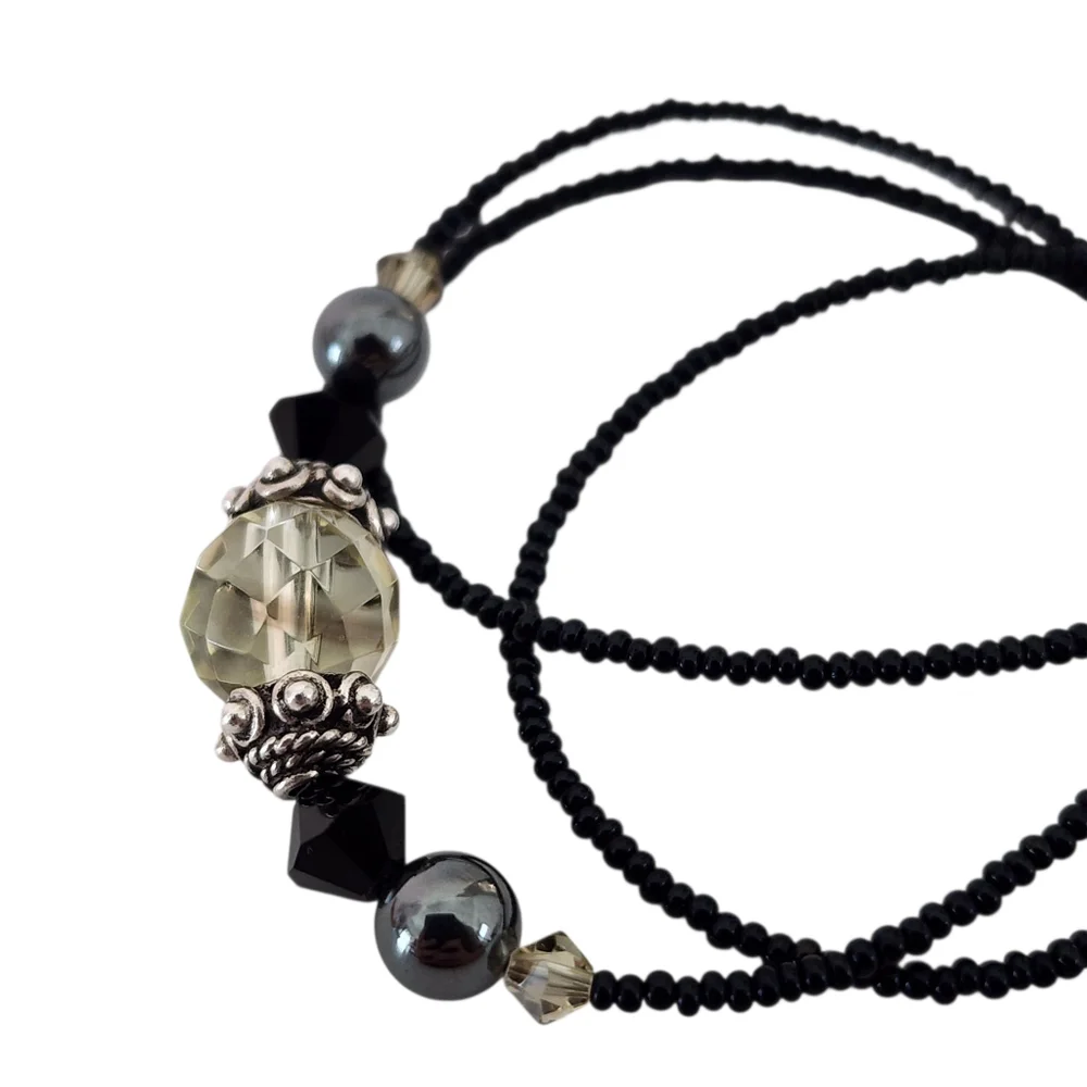 Dainty necklace 925 sterling silver faceted crystal pendant petite seed beads